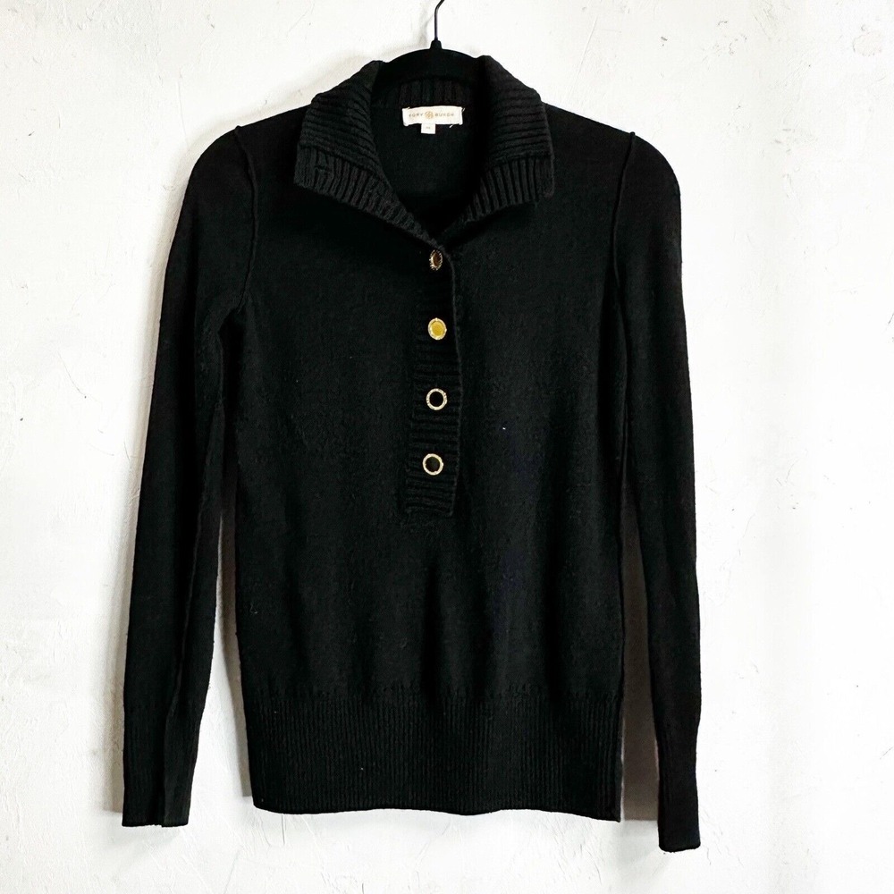 Tory Burch Henley Sweater Pullover Cashmere Wool Blend Black Womens XS Classic